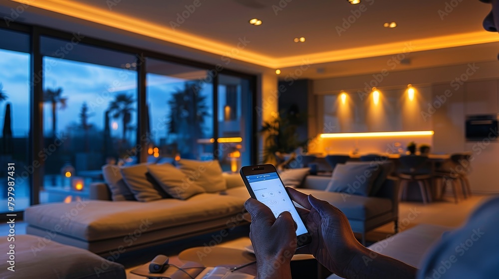Aufkleber smart home technology: an image of a person using a smartphone app to control the lights in their li