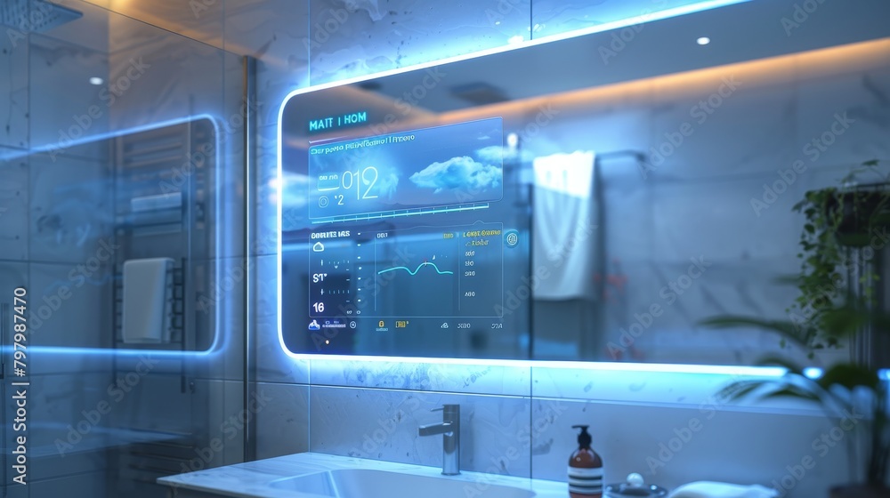 Poster smart home technology: an image of a smart mirror in a bathroom displaying weather information and c