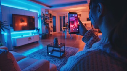 Smart Home Technology: An image of a person remotely monitoring their home security cameras through a smartphone app
