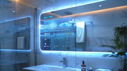 Smart Home Technology: An image of a smart mirror in a bathroom displaying weather information and calendar reminders