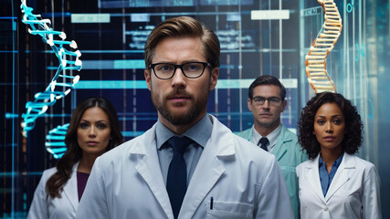 Medical models wearing glasses and white coat against DNA graphics background. Digital composite of Medical models with DNA graphics or backgrounds