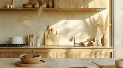 Fototapeta na wymiar A minimalist, eco-friendly kitchen with bamboo utensils and natural materials