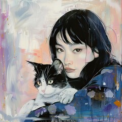 A painting of a young woman with a cat. The woman is wearing a blue sweater and the cat is black and white.