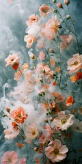 b'ethereal peach colored flowers in a smoky atmosphere' - obrazy, fototapety, plakaty