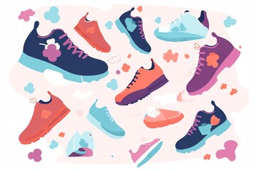 Colorful sneakers of various styles are arranged in a whimsical pattern.