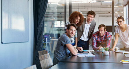 Portrait, meeting and group of business people in boardroom for teamwork, collaboration or planning...