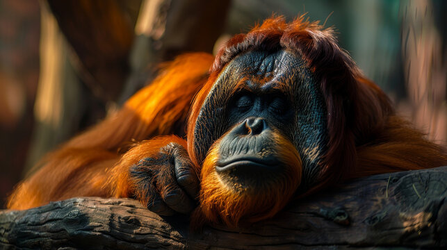 A large orange monkey is laying on a log