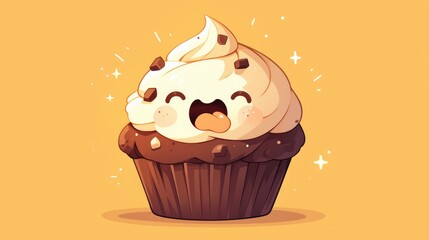 Cheeky chocolate cupcake mascot sporting a playful tongue out design - obrazy, fototapety, plakaty