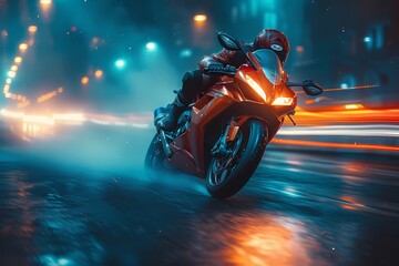 A dynamic shot from ground level as a racing sports heavy bike speeds past, the rider's helmeted head barely visible above the sleek frame, with streaks of light creating a sense of motion
