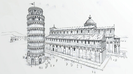 Obraz premium Elegant Monochrome Drawing of the Iconic Leaning Tower of Pisa: A Masterful Representation of Architecture in Black and White