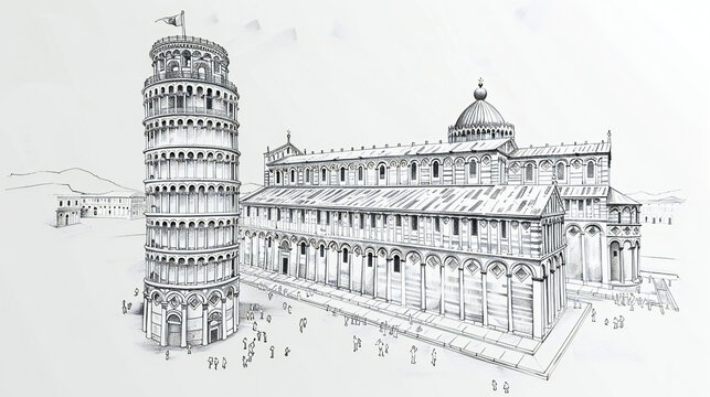 Elegant Monochrome Drawing of the Iconic Leaning Tower of Pisa: A Masterful Representation of Architecture in Black and White