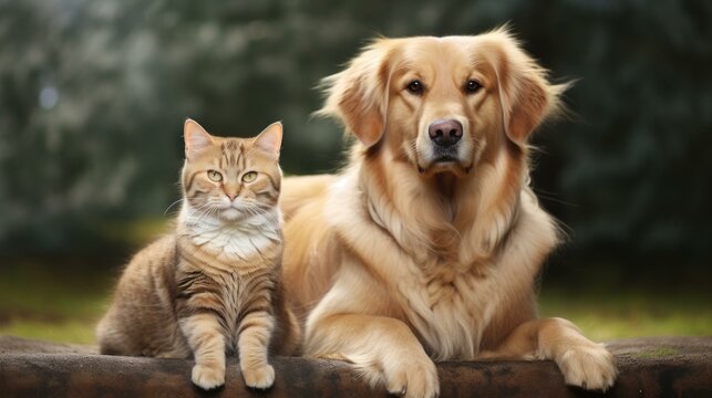 b'A ginger cat and a golden retriever dog sitting next to each other'