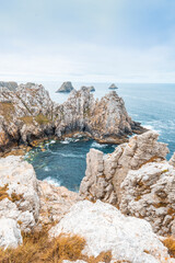 Coast of French Brittany. Cape Pen-Hir (Pointe du Pen-Hir) where is located monument to the Bretons of free France on the peninsula of Crozon, department of Finistere, Camaret-sur-Mer, France.