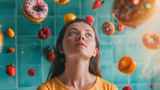 Portrait of a woman with floating fruits and donuts on a teal background. 