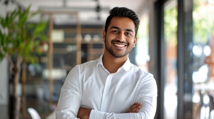 Smiling confident young Indian businessman in white shirt standing the background of blurred office