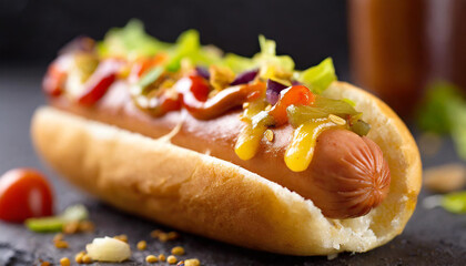 Close-up of hot dog with toppings on bun. Delicious fast food. Tasty snack. Dark background.