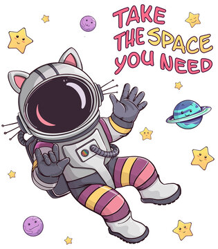 Illustration of an Astronaut in a Cat Space Suite with Hedline "Take The Space You Need"