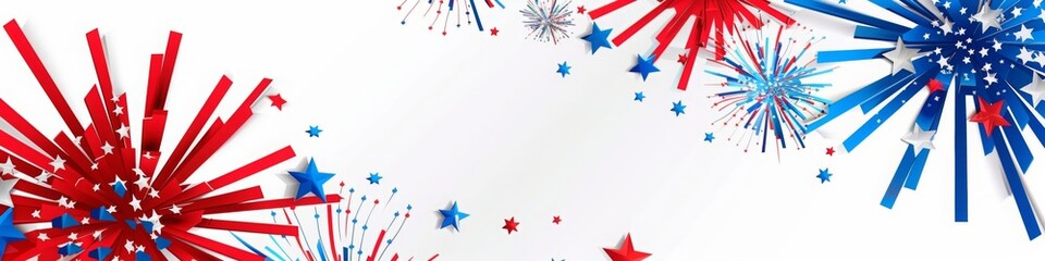 Red, White and Blue Stars and Paper Fireworks on a Banner for the Independence Day 4th of July, AI Generated