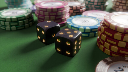 Realistic black pair of dices closeup on green felt gambling table with casino chips