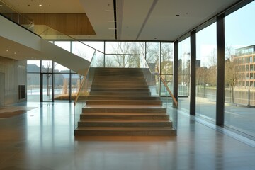 b'Staircase in a modern building with large glass windows'