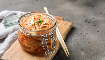 Close-up of traditional Korean kimchi in glass jar. Tasty Asian food. Culinary concept.