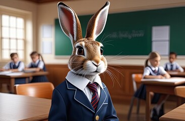 a rabbit in a school uniform sits at a school desk
