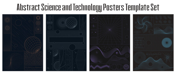 3D Effect Abstract Science, Space, Technology, Physics Posters Template Set, Abstract Geometric Shapes for Placards, Backgrounds, Illustrations 