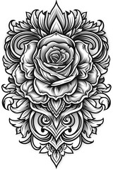 A black and white drawing of a rose with a lot of detail