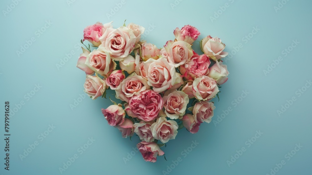 Wall mural a stunning heart shaped bouquet of fresh pink roses sits against a soft pastel blue backdrop embodyi