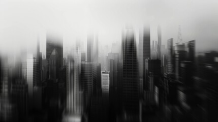 Defocused image 2 A monochromatic cityscape of towering buildings their sharp edges and shadows blending together in an almost painterly effect. Geometry is highlighted and concealed . - obrazy, fototapety, plakaty
