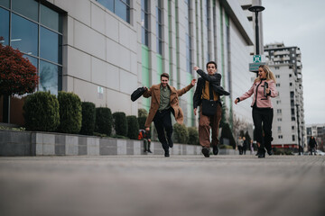 Three young professionals in casual business attire joyfully run outside a modern office building,...