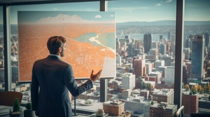 b'Businessman looking at a map of the city from an office window'