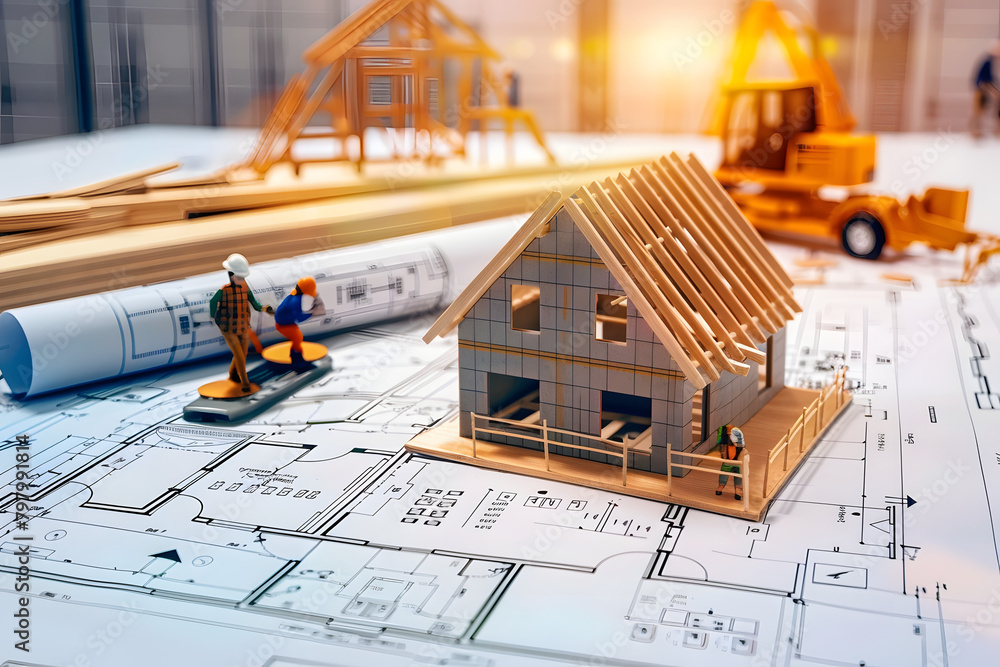 Poster building house on blueprints with worker - construction project
