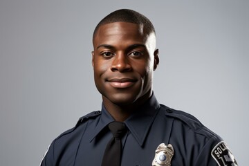 b'Studio portrait of smiling African-American policeman'