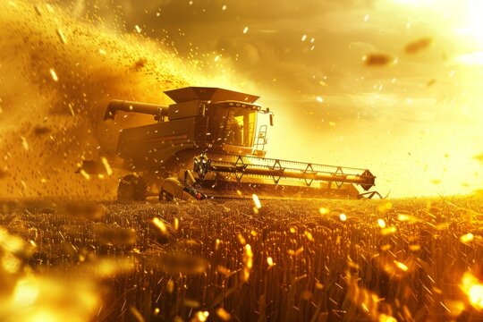Dramatic harvest scene with a large combine harvester at work in golden wheat field
