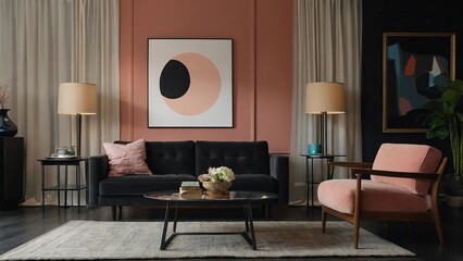 living room interior,A living room with a black couch, pink chair, and a coffee table. There are two lamps and a rug in the room.Modern Nordic living room interior with sofa and lots of details
