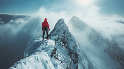 b'A mountain climber reaches the summit of a snow-capped mountain and looks out at the view'