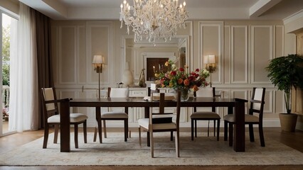Fototapeta na wymiar room interior with table,A formal dining room with a chandelier, wooden table, and beige chairs.Modern Dining Room Interior 