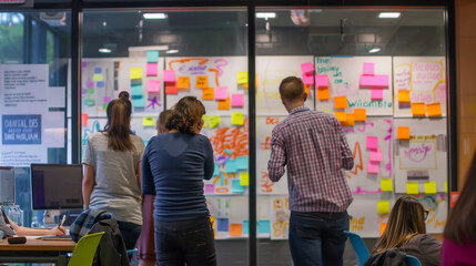 A lively team brainstorming with colorful post-it notes and whiteboards, sparking creativity.