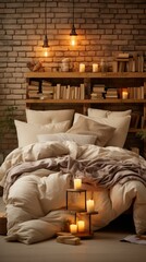 b'Cozy bedroom with brick wall and wooden shelves'