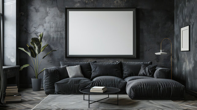Retro Revival: Black Living Room Mockup with Stylish 3D Render and Vintage Flair