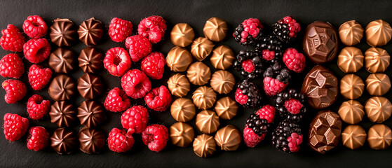 Obraz premium A row of chocolate covered berries including raspberries and blackberries