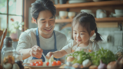 Naklejka premium Asian family enjoy playing and cooking food in kitchen at home.