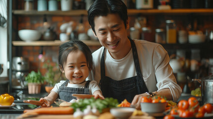 Asian family enjoy playing and cooking food in kitchen at home.