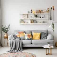 b'A cozy living room with a gray couch, colorful pillows, and a coffee table'