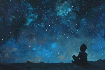 An artistic rendering of a person sitting alone under the stars, feeling both small and connected to the universe