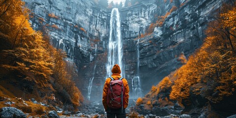b'Man standing in front of waterfall in autumn forest'