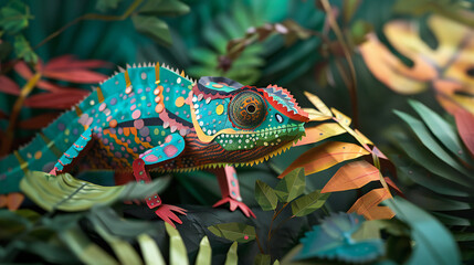 Vibrant Paper Art: A Spectacular Multi-Colored Chameleon Amidst Intricately Crafted Greenery