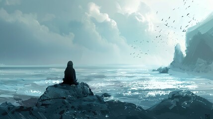 An artistic rendering of a person sitting by the ocean, contemplating the ebb and flow of life