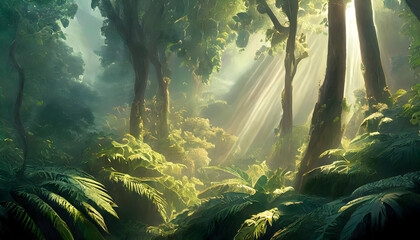 Sunlight dances on intricate textures of green leaves, encapsulating essence of natural on digital art concept.